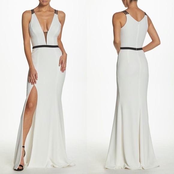 NEW DRESS THE POPULATION Off White & Black LANA Plunge Neck MERMAID Slit GOWN XL - Picture 3 of 16
